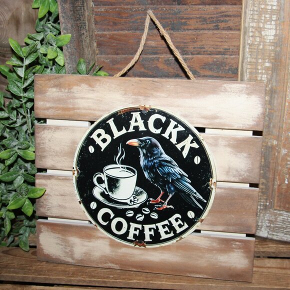 NEW Black Bird Raven Crow Black Coffee Rustic Farmhouse Kitchen Wall Decor Sign - Picture 3 of 4